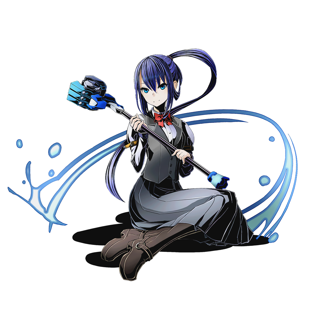 1girl black_skirt blue_eyes blue_hair boots bow bowtie divine_gate dress_shirt floating_hair full_body holding holding_weapon long_hair long_skirt looking_at_viewer official_art pleated_skirt red_bow renito shadow shirt sitting skirt solo transparent_background ucmm uniform weapon wezaadoriizu white_shirt