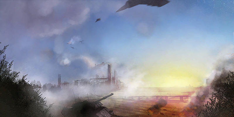 aerial_battle aircraft airplane battle building bush city dogfight fighter_jet fog ground_vehicle ichi_inaru jet military military_vehicle morning motor_vehicle no_humans ocean original shot_down skyline skyscraper smoke sunrise tank