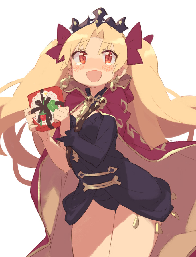 1girl arched_back bangs black_dress black_leotard blush cloak cowboy_shot dress earrings ereshkigal_(fate/grand_order) eyebrows_visible_through_hair fate/grand_order fate_(series) floating_hair gift hands_up holding holding_gift inuchazuke jewelry leaning_forward leotard long_hair looking_at_viewer open_mouth parted_bangs simple_background smile solo tears thighs tohsaka_rin twintails wavy_mouth white_background