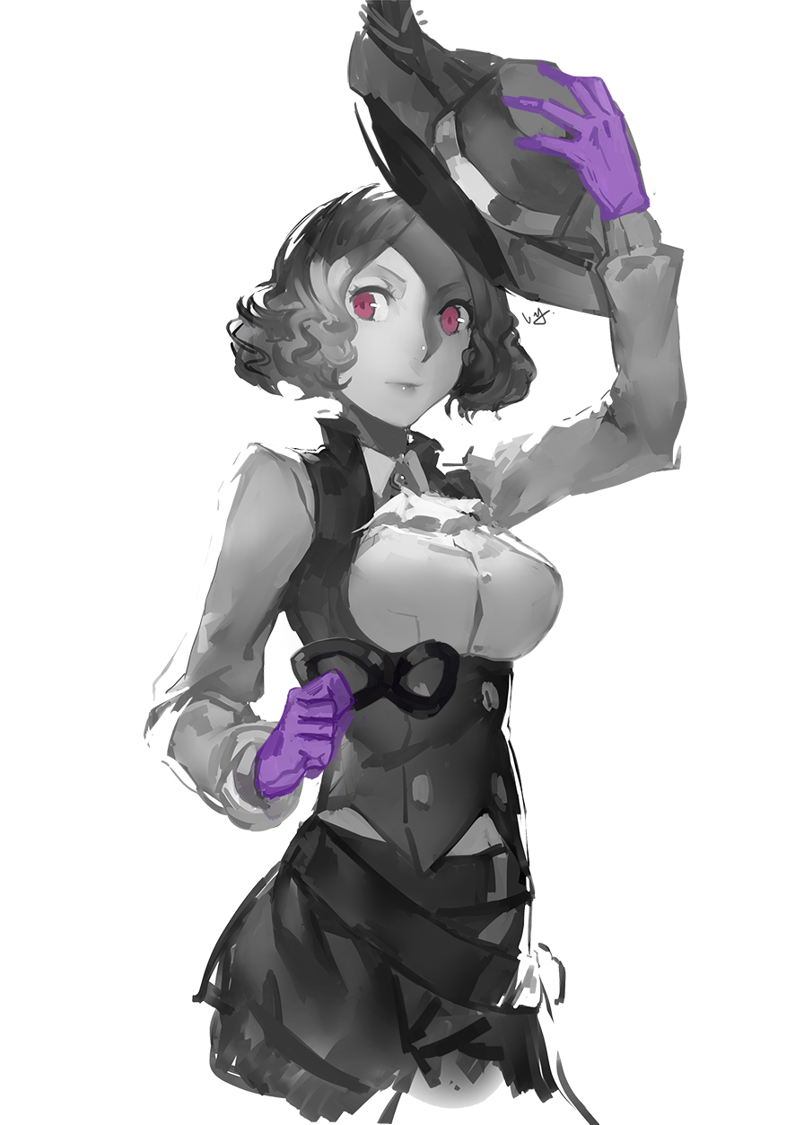 1girl arm_up breasts closed_mouth corset gloves hand_up hat hat_removed headwear_removed highres holding holding_hat looking_at_viewer medium_breasts monochrome nanaya_(daaijianglin) okumura_haru persona persona_5 purple_gloves short_hair simple_background solo upper_body wavy_hair