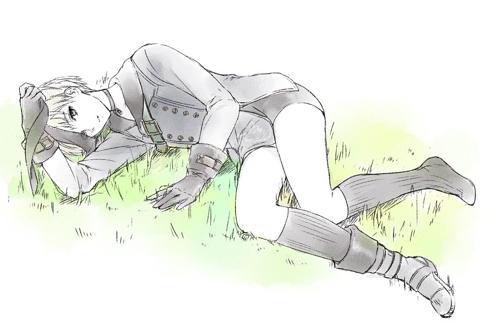 1boy android black_gloves blindfold blindfold_removed boots clenched_hand double-breasted gloves grass grey_eyes kneehighs long_sleeves lying male_focus nier_(series) nier_automata on_side parted_lips short_hair short_shorts shorts white_hair yorha_no._9_type_s