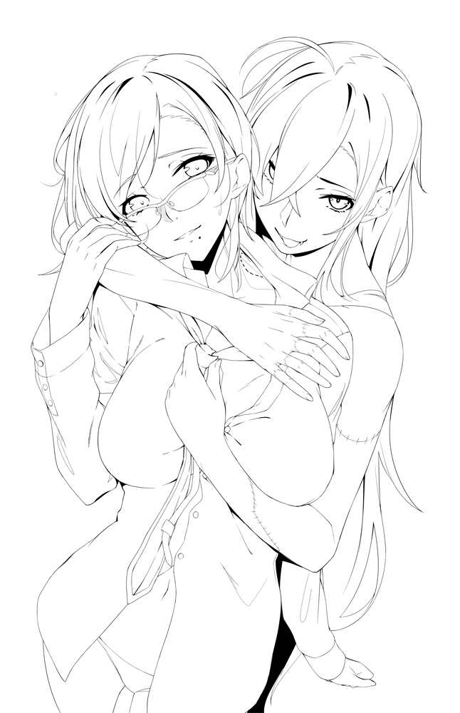 2girls ahoge arms_at_sides asymmetrical_bangs bangs breasts fangs glasses greyscale hair_between_eyes hand_up hiwatari_makoto large_breasts lineart long_hair looking_at_viewer mole mole_under_mouth monochrome multiple_girls navel original over-rim_glasses parted_lips sailor_collar semi-rimless_glasses shoken_narai simple_background sketch smile tomoe_(shoken_narai) tongue tongue_out unbuttoned unbuttoned_shirt upper_body very_long_hair work_in_progress