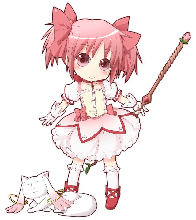 1girl blush bow elbow_gloves eyebrows_visible_through_hair gloves hair_bow kaname_madoka kyubey looking_at_viewer mahou_shoujo_madoka_magica miiyon pink_bow pink_eyes pink_hair smile