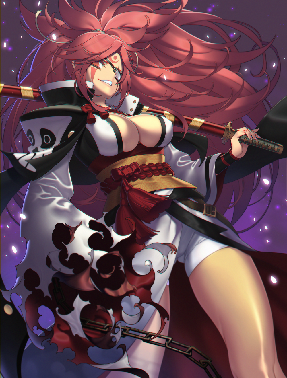 1girl amputee baiken breasts cleavage guilty_gear guilty_gear_xrd highres japanese_clothes kimono large_breasts long_hair looking_at_viewer obi one-eyed open_clothes open_kimono pink_eyes pink_hair ponytail sash scar scar_across_eye solo souma_kira sword tattoo weapon
