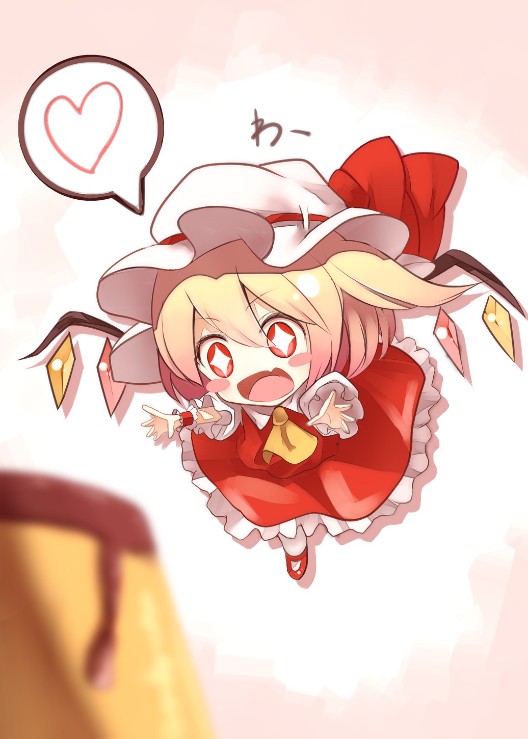 +_+ 1girl ascot blonde_hair blush_stickers chibi crystal fami_(yellow_skies) fang flandre_scarlet flying food full_body hat hat_ribbon heart highres mary_janes mob_cap open_mouth outstretched_arms pantyhose ponytail pudding puffy_sleeves ribbon shirt shoes short_hair short_sleeves side_ponytail simple_background skirt skirt_set smile solo star star-shaped_pupils symbol-shaped_pupils touhou vest white_legwear wings wrist_cuffs