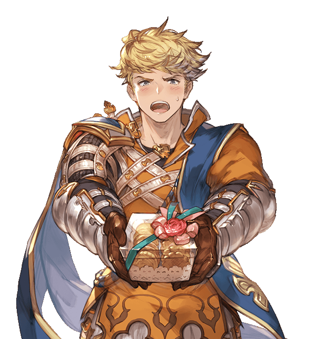 1boy blonde_hair brown_gloves cookie food gift gloves granblue_fantasy male_focus minaba_hideo official_art presenting short_hair sweatdrop transparent_background vambraces vane_(granblue_fantasy) white_day