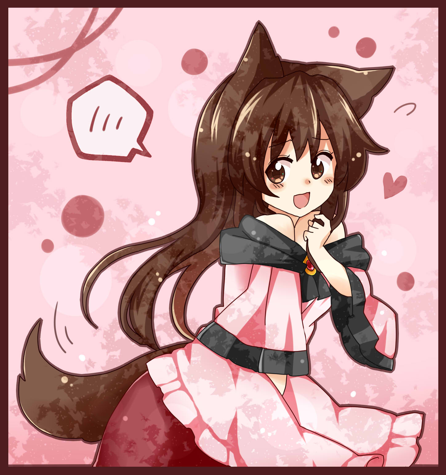 1girl animal_ears bare_shoulders blush brooch brown_hair dress heart highres imaizumi_kagerou jewelry kuroshiroduet long_sleeves looking_at_viewer open_mouth red_eyes solo speech_bubble tail touhou wide_sleeves wolf_ears wolf_tail