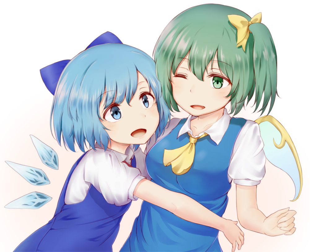 2girls blue_bow blue_eyes blue_hair blush bow breasts cirno daiyousei green_eyes green_hair hair_bow hair_ribbon hug looking_at_another minku_(nico_seiga) multiple_girls one_eye_closed open_mouth red_ribbon ribbon side_ponytail smile touhou wings