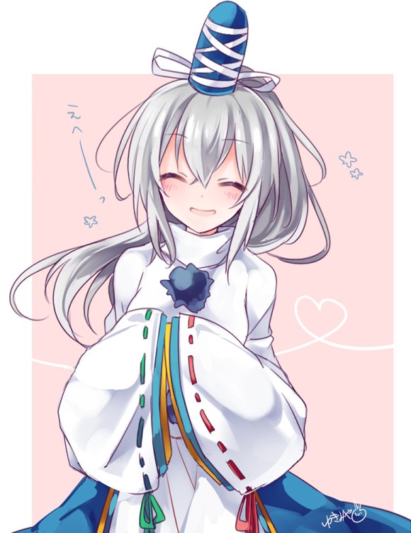 1girl ^_^ blue_hat blue_skirt blush closed_eyes facing_viewer green_ribbon grey_hair hair_between_eyes hands_in_sleeves hat heart heart_of_string japanese_clothes kariginu long_hair mononobe_no_futo open_mouth pink_background pom_pom_(clothes) ponytail red_ribbon ribbon ribbon-trimmed_sleeves ribbon_trim signature skirt sleeves_past_wrists sleeves_together smile solo tate_eboshi touhou turtleneck upper_body wide_sleeves yukimiya_(parupunta)