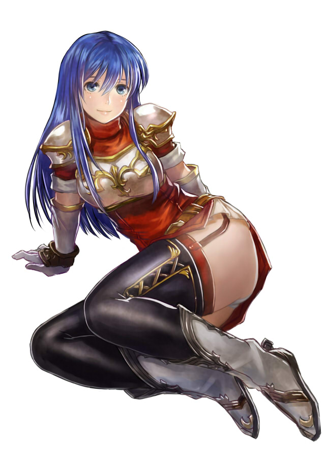 1girl armor bangs belt black_legwear blue_eyes blue_hair boots breastplate docoi dress elbow_gloves fire_emblem fire_emblem:_mystery_of_the_emblem fire_emblem_heroes full_body gloves knee_boots long_hair panties pauldrons sheeda short_dress short_sleeves simple_background sitting skirt smile solo underwear upskirt white_background white_panties