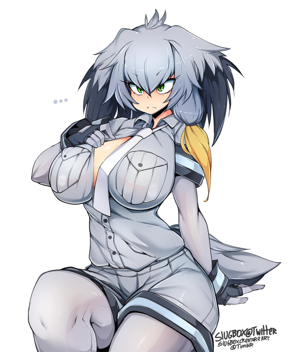 ... 1girl artist_name bad_anatomy belt bird_tail black_gloves black_hair blush bodystocking breasts closed_mouth collared_shirt commentary eyebrows_visible_through_hair fingerless_gloves gloves green_eyes grey_hair grey_shirt head_wings highres kemono_friends large_breasts long_hair looking_at_viewer low_ponytail multicolored_hair necktie orange_hair shirt shoebill_(kemono_friends) short_sleeves side_ponytail simple_background sitting slugbox solo white_background