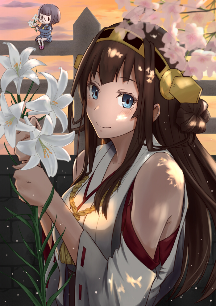 2girls 41cm_twin_gun_mount :3 blue_eyes blush brick_wall brown_hair fairy_(kantai_collection) fence flower glasses hair_bun hairband holding holding_flower kantai_collection kneehighs kongou_(kantai_collection) lily_(flower) long_hair long_sleeves looking_at_viewer minigirl multiple_girls nontraditional_miko outdoors pleated_skirt revision ribbon-trimmed_sleeves ribbon_trim rimless_glasses school_uniform serafuku shirt shoes short_hair sitting skirt smile usami_(ym1989) wall white_legwear |_|