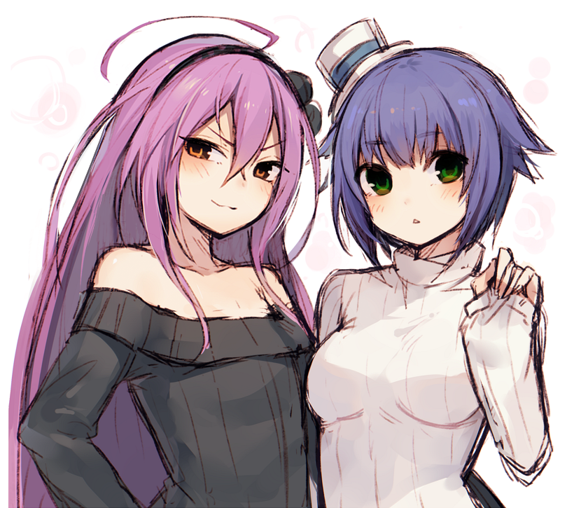 2girls :3 ahoge arm_up bangs bare_shoulders black_sweater blue_hair blush boater_hat bob_cut breasts character_request closed_mouth collarbone eyebrows_visible_through_hair eyes_visible_through_hair flat_chest green_eyes hair_between_eyes hair_flaps hairband half-closed_eyes hand_on_another's_hip hand_on_hip hat huge_ahoge long_hair long_sleeves looking_at_viewer medium_breasts mini_hat multiple_girls muryou off_shoulder orange_eyes parted_bangs phantasy_star phantasy_star_online_2 pom_pom_(clothes) purple_hair ribbed_sweater short_hair sidelocks simple_background sketch sleeves_past_wrists smirk standing sweater triangle_mouth turtleneck turtleneck_sweater upper_body very_long_hair white_background white_sweater