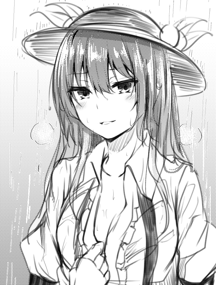 1girl blush breath collarbone eyebrows_visible_through_hair food fruit greyscale hair_between_eyes hair_over_shoulder hat hinanawi_tenshi long_hair looking_at_viewer monochrome open_clothes open_shirt parted_lips partially_unbuttoned peach rain seductive_smile shirt shirt_tug sketch smile solo steam touhou undressing upper_body wet wing_collar yuhito_(ablbex)