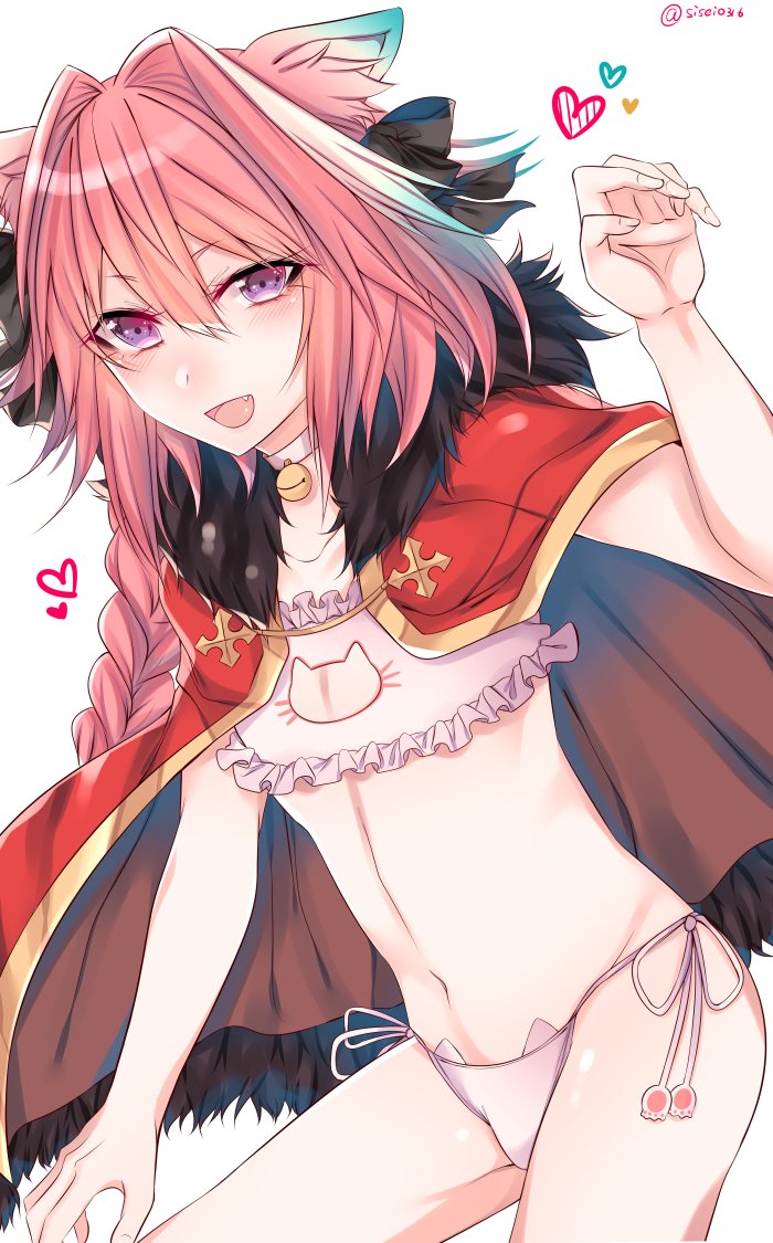 1boy animal_ears bell bell_choker bell_collar blush bra braid cape cat_cutout cat_ear_panties cat_ears cat_lingerie cat_tail choker cleavage_cutout collar fang fate/apocrypha fate_(series) fur-trimmed_cape fur_trim hair_ribbon jingle_bell lingerie long_hair looking_at_viewer male_focus meme_attire navel open_mouth panties paw_pose paw_print pink_hair ribbon rider_of_black shisei_(kyuushoku_banchou) side-tie_panties single_braid smile solo stomach tail trap underwear underwear_only violet_eyes white_bra