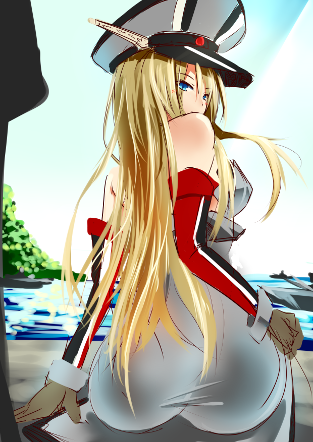 1girl ass bare_shoulders bismarck_(kantai_collection) blonde_hair blue_eyes brown_gloves detached_sleeves dock dress gloves harbor hat kantai_collection long_hair looking_at_viewer looking_back peaked_cap sitting sketch sky solo taut_clothes taut_dress ufo_leia very_long_hair water