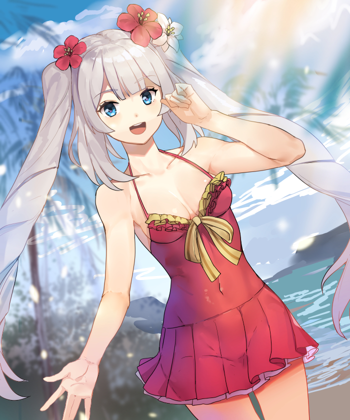 1girl blue_eyes blush breasts cleavage covered_navel fate/grand_order fate_(series) flower hair_flower hair_ornament long_hair marie_antoinette_(fate/grand_order) marie_antoinette_(swimsuit_caster)_(fate) open_mouth red_swimsuit shovelwall silver_hair skindentation sleeveless smile solo sunlight swimsuit twintails