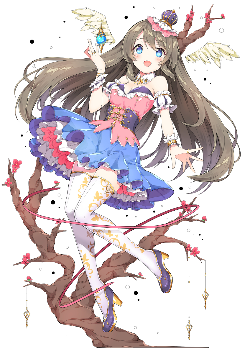 1girl :d angel angel_wings bangs blue_eyes blue_skirt blush bracelet breasts brown_hair chitetan corset crown detached_sleeves eyebrows_visible_through_hair feathered_wings floating_hair full_body hand_up high_heels highres jewelry knees_together_feet_apart long_hair looking_at_viewer medium_breasts mini_crown open_mouth original outstretched_hand petticoat platform_footwear red_flower ring simple_background skirt smile solo tareme thigh-highs tree white_background white_legwear white_wings wings