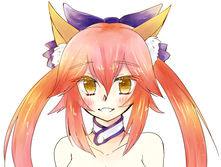 1girl animal_ears artist_request blush bow breasts cleavage collarbone fangs fate_(series) fox_ears hair_bow hair_ribbon open_mouth pink_hair ribbon simple_background solo tamamo_(fate)_(all) tamamo_no_mae_(fate) upper_body white_background yellow_eyes