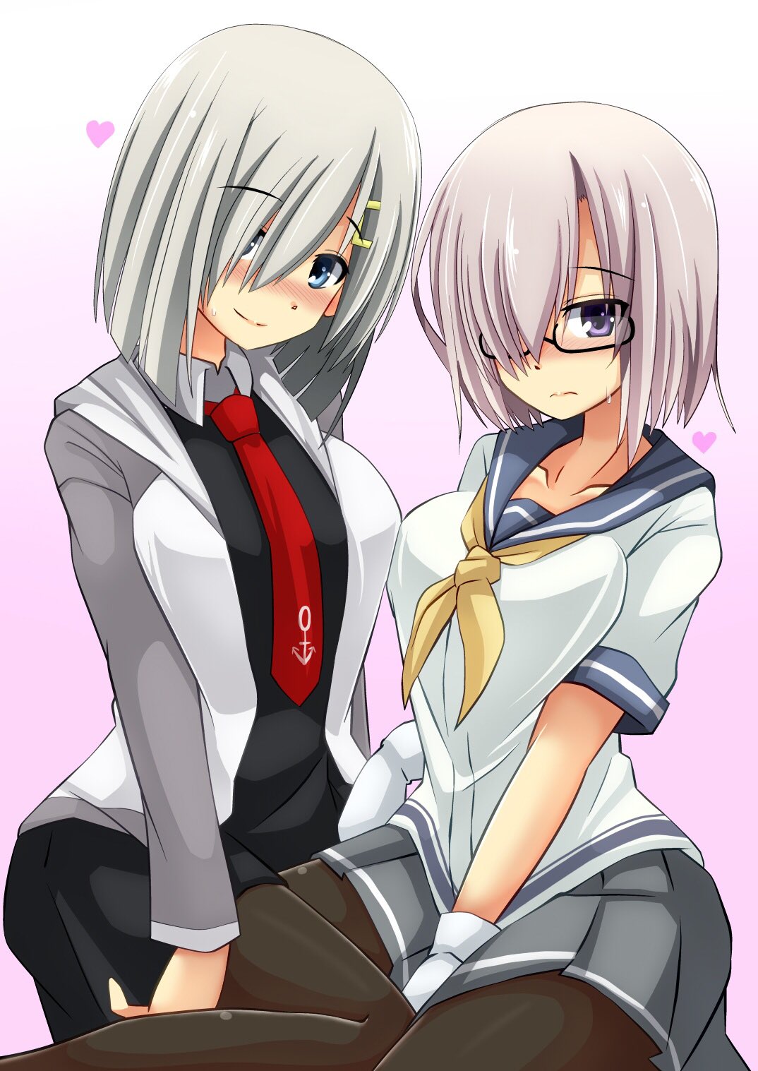 2girls black-framed_glasses blue_eyes blush breasts brown_legwear collar collarbone cosplay costume_switch eyebrows_visible_through_hair fate/grand_order fate_(series) female glasses gloves gradient gradient_background grey_skirt hair_ornament hair_over_one_eye hairclip hairstyle_connection hamakaze_(kantai_collection) hamakaze_(kantai_collection)_(cosplay) heart highres hood hoodie imagawa_akira kantai_collection kneeling large_breasts lavender_background lavender_hair long_sleeves looking_at_viewer multiple_girls neck neckerchief necktie pantyhose pink_hair pleated_skirt red_necktie school_uniform semi-rimless_glasses serafuku shielder_(fate/grand_order) shielder_(fate/grand_order)_(cosplay) short_hair short_sleeves silver_hair simple_background skirt smile sweatdrop type-moon vest violet_eyes white_gloves yellow_neckerchief