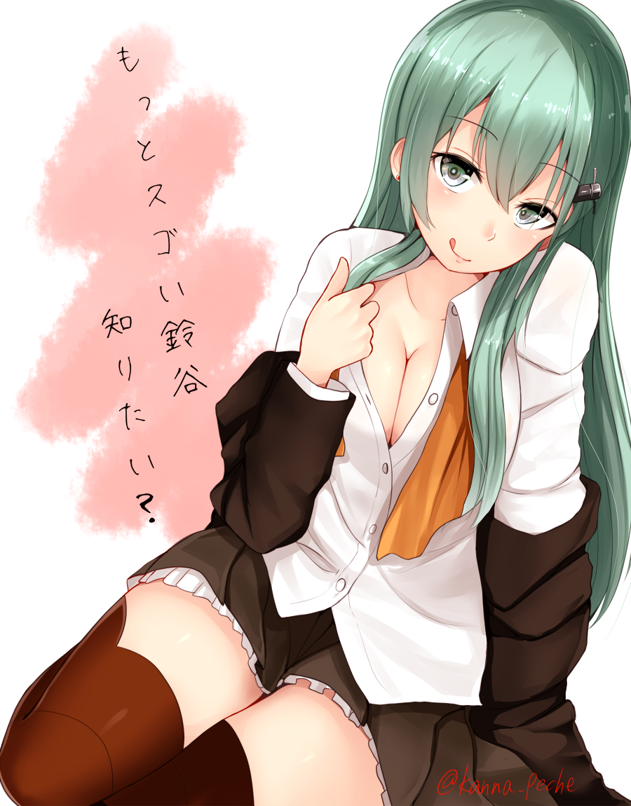 1girl aqua_hair breasts brown_jacket brown_legwear brown_skirt cleavage collarbone collared_shirt eyebrows_visible_through_hair frilled_skirt frills green_eyes hair_between_eyes hair_ornament hairclip kanna_(horntp) kantai_collection large_breasts long_hair looking_at_viewer open_clothes pleated_skirt seductive_smile shirt shirt_pull sitting skirt smile solo suzuya_(kantai_collection) thigh-highs tongue tongue_out translated twitter_username white_shirt