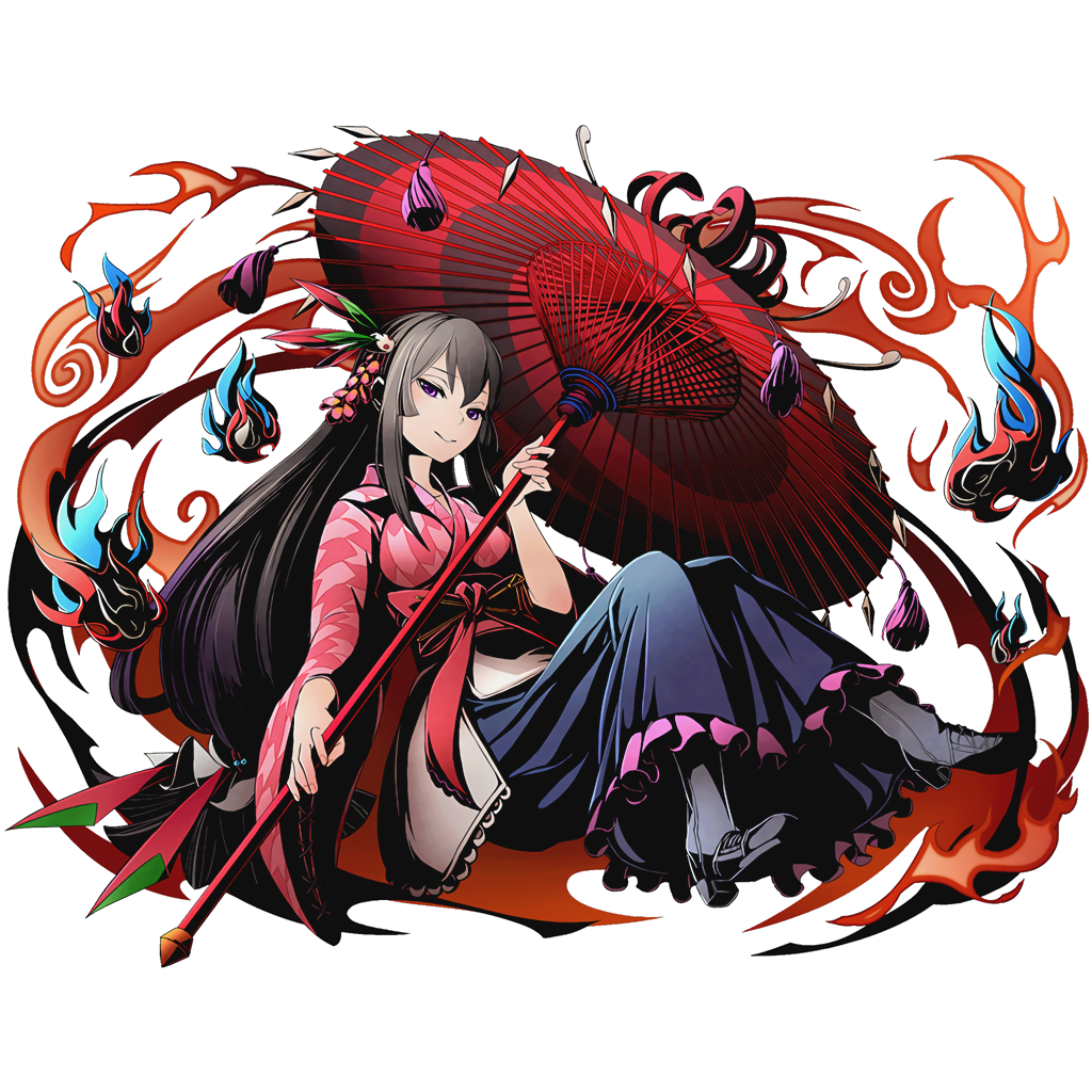 1girl amaterasu_(road_to_dragon) black_hair blue_skirt bow divine_gate full_body hair_ornament high_heels holding holding_umbrella japanese_clothes kimono long_hair long_skirt looking_at_viewer low-tied_long_hair official_art oriental_umbrella red_bow road_to_dragons shadow skirt smile solo transparent_background ucmm umbrella very_long_hair violet_eyes