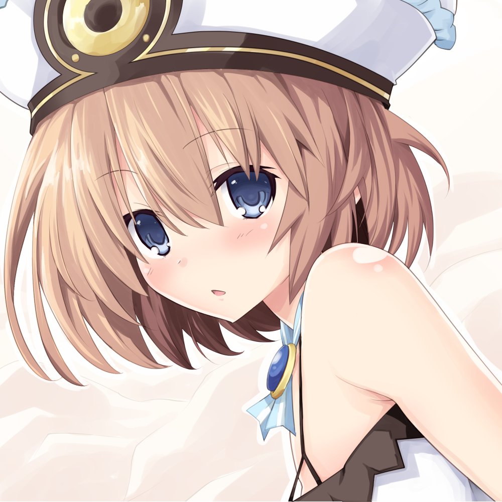 1girl bare_shoulders blanc blue_eyes blush breasts brown_hair choujigen_game_neptune cleavage dress gradient gradient_background hat iwasi-r looking_at_viewer neptune_(series) no_bra open_mouth ribbon shin_jigen_game_neptune_vii shiny shiny_hair shiny_skin short_hair small_breasts solo