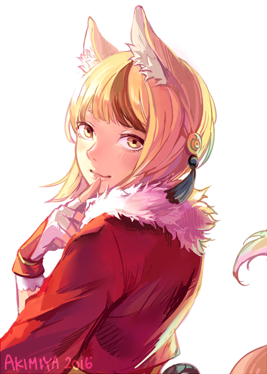 1girl animal_ears artist_name back blonde_hair blush brown_hair fingerless_gloves fire_emblem fire_emblem_if fox_ears fox_tail fur_trim gloves kinu_(fire_emblem_if) multicolored_hair piano_(agneschen) simple_background solo tail two-tone_hair white_background yellow_eyes