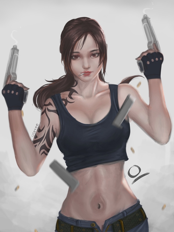 1girl arm_tattoo artist_name bare_shoulders belt black_lagoon breasts brown_eyes brown_hair bullet cigarette crop_top denim gun large_breasts magazine_(weapon) midriff mouth_hold ocetee ponytail revy_(black_lagoon) shorts smoke solo stomach tank_top tattoo unzipped weapon