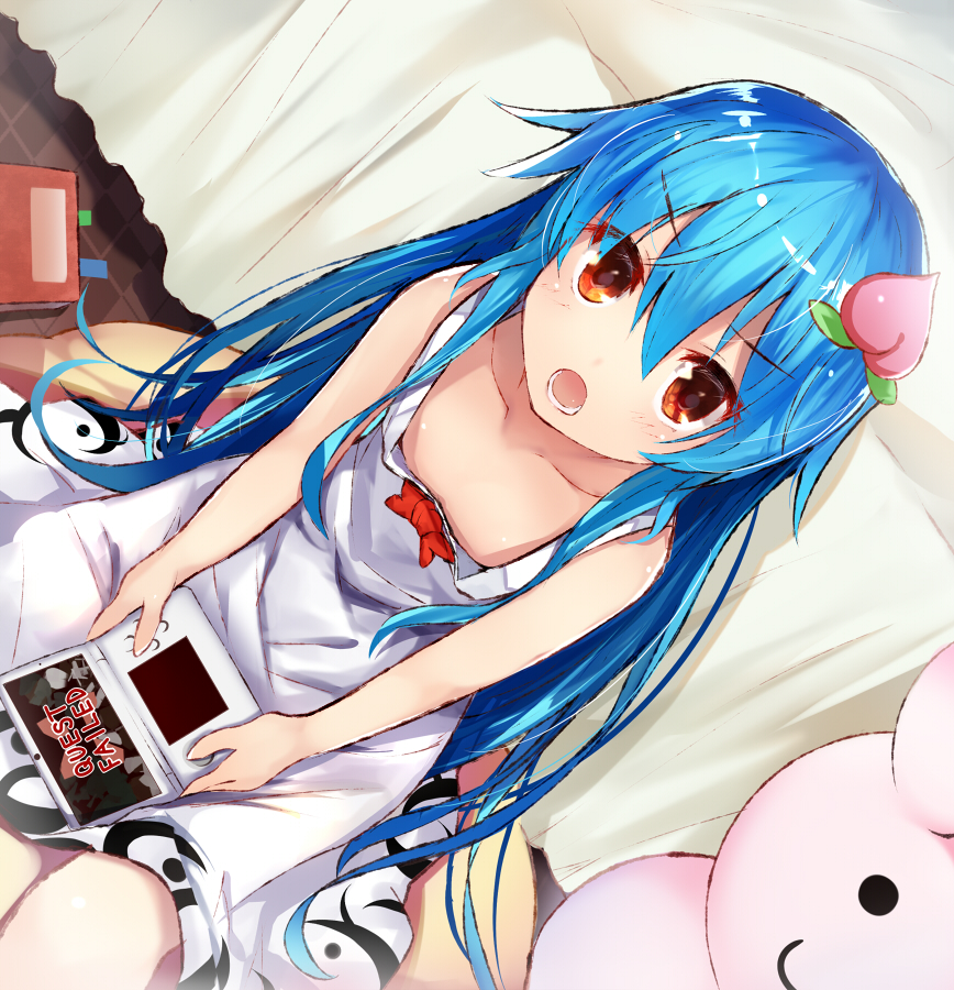 &gt;:o 1girl :o adapted_costume bare_arms bare_shoulders bed blue_hair collarbone commentary_request cowboy_shot downblouse dress efe eyebrows_visible_through_hair food from_above fruit hair_between_eyes hair_ornament hair_over_shoulder handheld_game_console hinanawi_tenshi long_hair looking_at_viewer looking_up monster_hunter nintendo_3ds nintendo_ds notebook open_mouth peach playing_games red_eyes shiny shiny_hair sketch sleeveless sleeveless_dress solo stuffed_animal stuffed_toy touhou very_long_hair white_dress