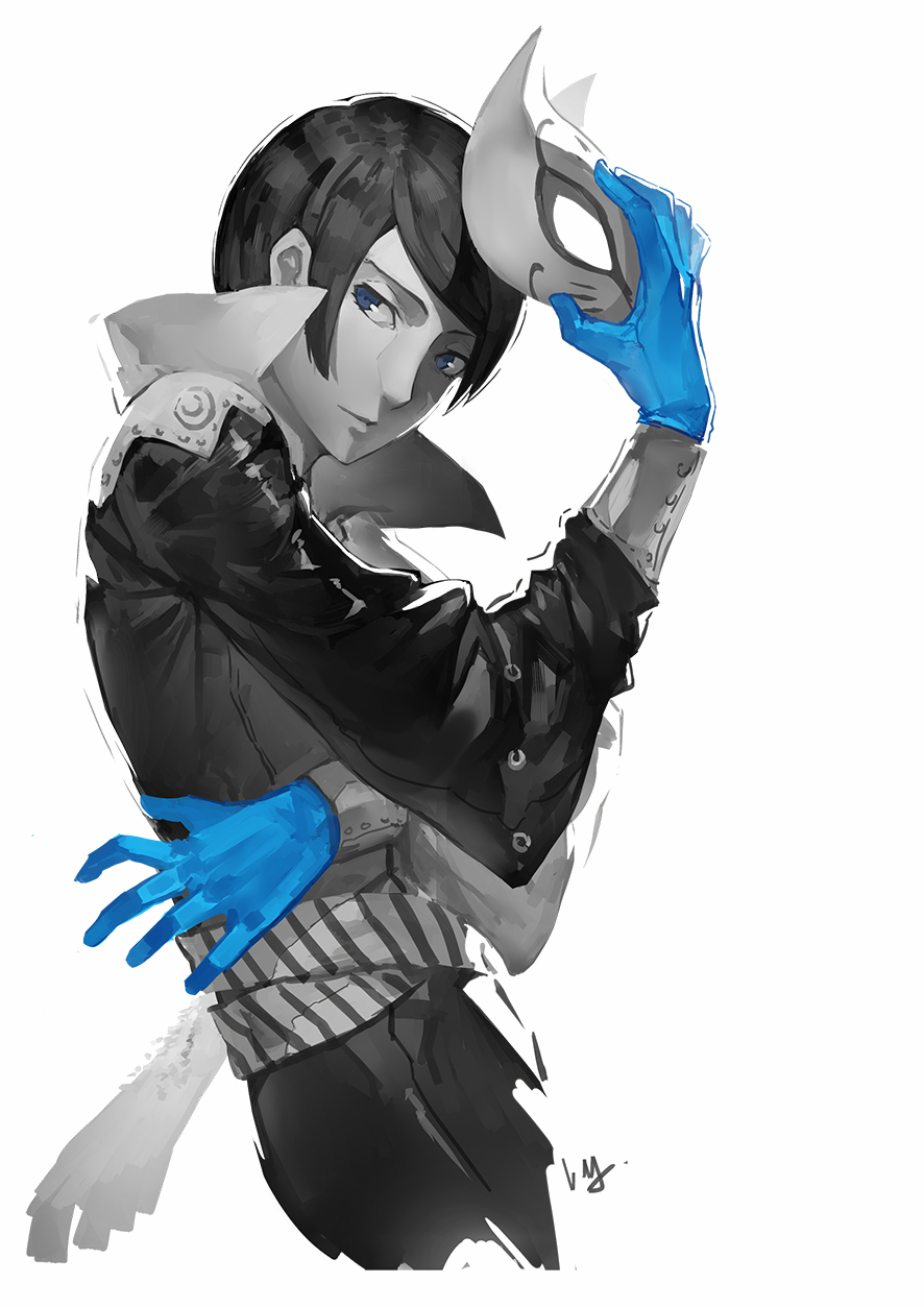1boy blue_eyes blue_gloves closed_mouth fox_mask from_side gloves greyscale highres kitagawa_yuusuke looking_at_viewer male_focus mask mask_removed monochrome nanaya_(daaijianglin) persona persona_5 simple_background solo