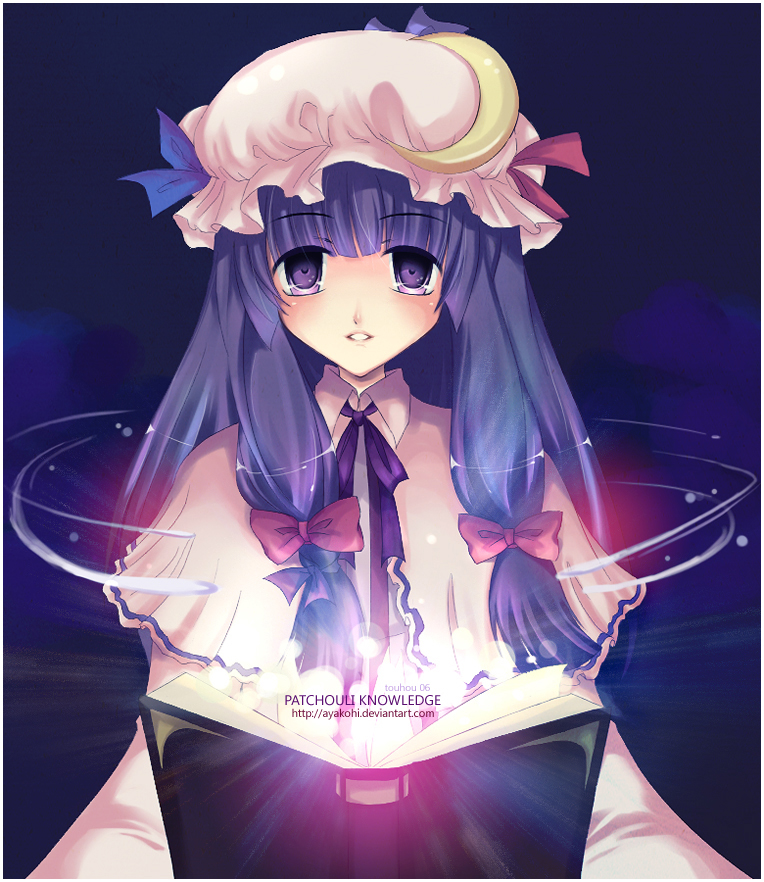 1girl ayakohi book bow capelet crescent glowing hair_bow hat long_hair magic open_book open_mouth patchouli_knowledge purple purple_hair red_bow ribbon smile solo touhou violet_eyes