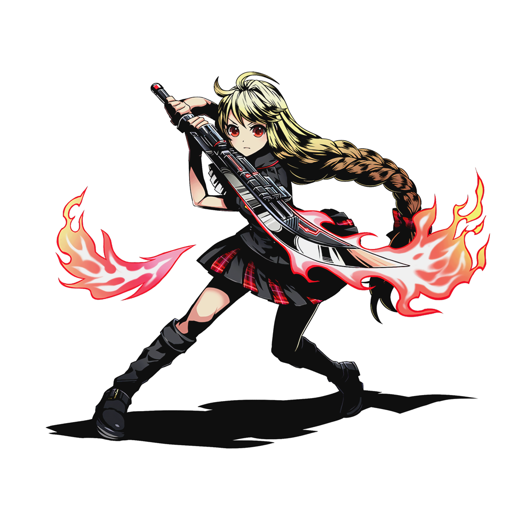 1girl bediere_(entaku_no_kishi) black_boots black_shirt blonde_hair boots bow braid divine_gate entaku_no_kishi fire full_body hair_bow holding holding_sword holding_weapon long_hair looking_at_viewer low-tied_long_hair official_art pleated_skirt red_bow red_eyes shadow shirt short_sleeves skirt solo standing sword transparent_background ucmm very_long_hair weapon