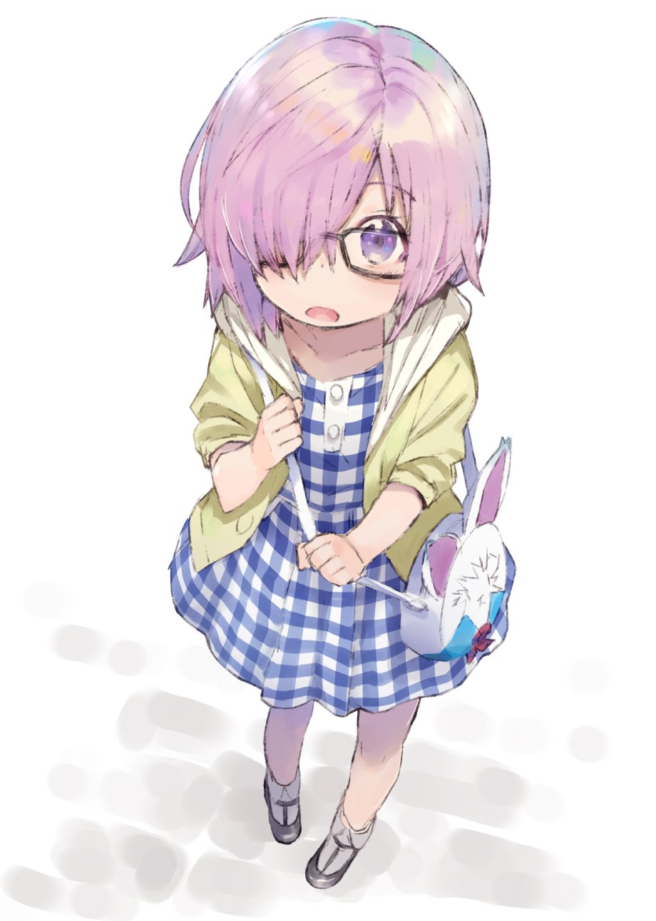 1girl alternate_costume bag checkered checkered_dress dress fate/grand_order fate_(series) fou_(fate/grand_order) glasses hair_over_one_eye highres jacket lavender_hair shielder_(fate/grand_order) shirabi_(life-is-free) solo violet_eyes younger
