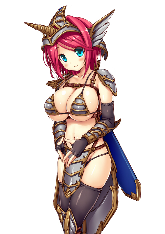 1girl 2-g aqua_eyes armor bikini_armor black_gloves black_legwear blush breasts buckle cleavage elbow_gloves faulds fingerless_gloves gloves headpiece knee_pads large_breasts original pauldrons redhead sheath short_hair simple_background smile solo strap thigh-highs vambraces white_background