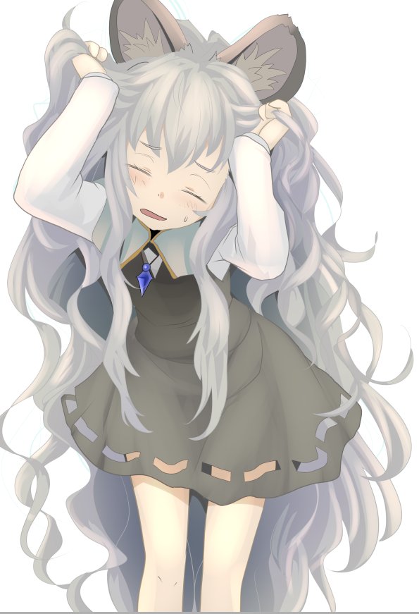 1girl absurdly_long_hair alternate_hair_length alternate_hairstyle animal_ears blush capelet closed_eyes cowboy_shot cutout dress facing_viewer grey_dress grey_hair holding holding_hair ishikkoro jewelry long_hair long_sleeves messy_hair mouse_ears nazrin open_mouth pendant solo sweatdrop touhou very_long_hair white_background