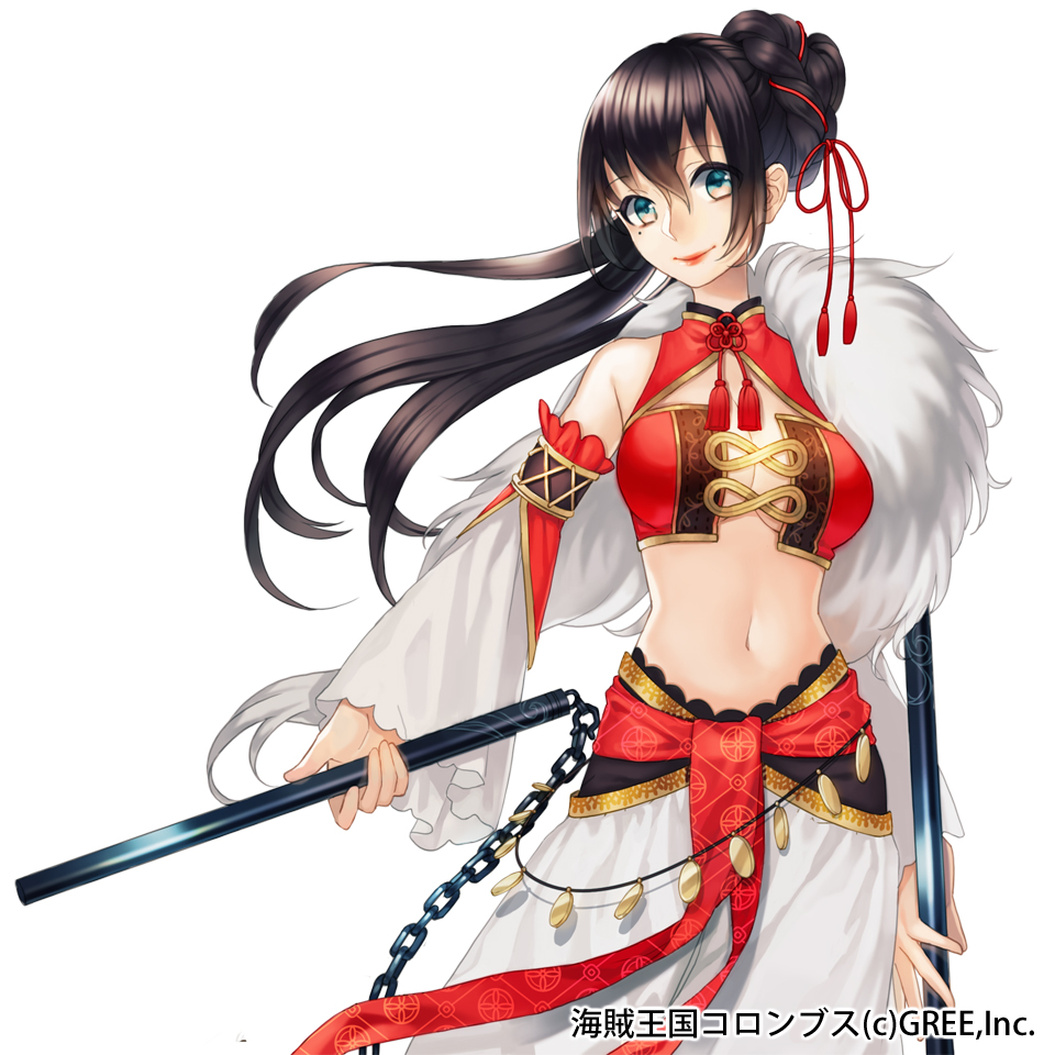 1girl arm_garter bangs bare_shoulders black_hair breasts cape chains choco_holic cleavage closed_mouth company_name copyright_name cowboy_shot detached_sleeves eyebrows_visible_through_hair floating_hair fur_cape green_eyes hair_between_eyes hair_bun hair_ribbon halterneck holding holding_weapon kaizoku_ookoku_koronbusu kaizokuo_koku_columbus lips long_hair looking_at_viewer medium_breasts midriff mole mole_under_eye navel nunchaku red_ribbon ribbon shiny shiny_hair simple_background skirt smile solo standing stomach strapless tassel tubetop watermark weapon white_background white_skirt wide_sleeves