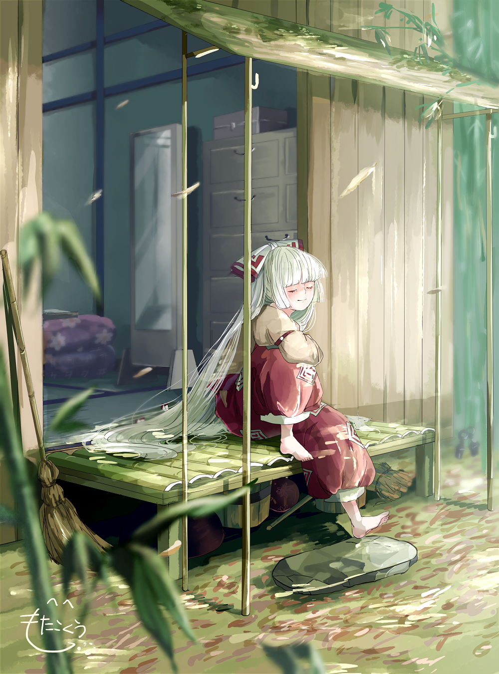 1girl architecture arm_garter bamboo bamboo_broom bamboo_forest barefoot bow broom bucket closed_eyes commentary_request drawer east_asian_architecture floral_print forest fujiwara_no_mokou hair_bow highres juliet_sleeves knee_up long_hair long_sleeves mirror mokoiscat nature ofuda_on_clothes pants porch puffy_sleeves red_pants signature sitting solo tan_shirt tatami touhou very_long_hair white_bow white_hair