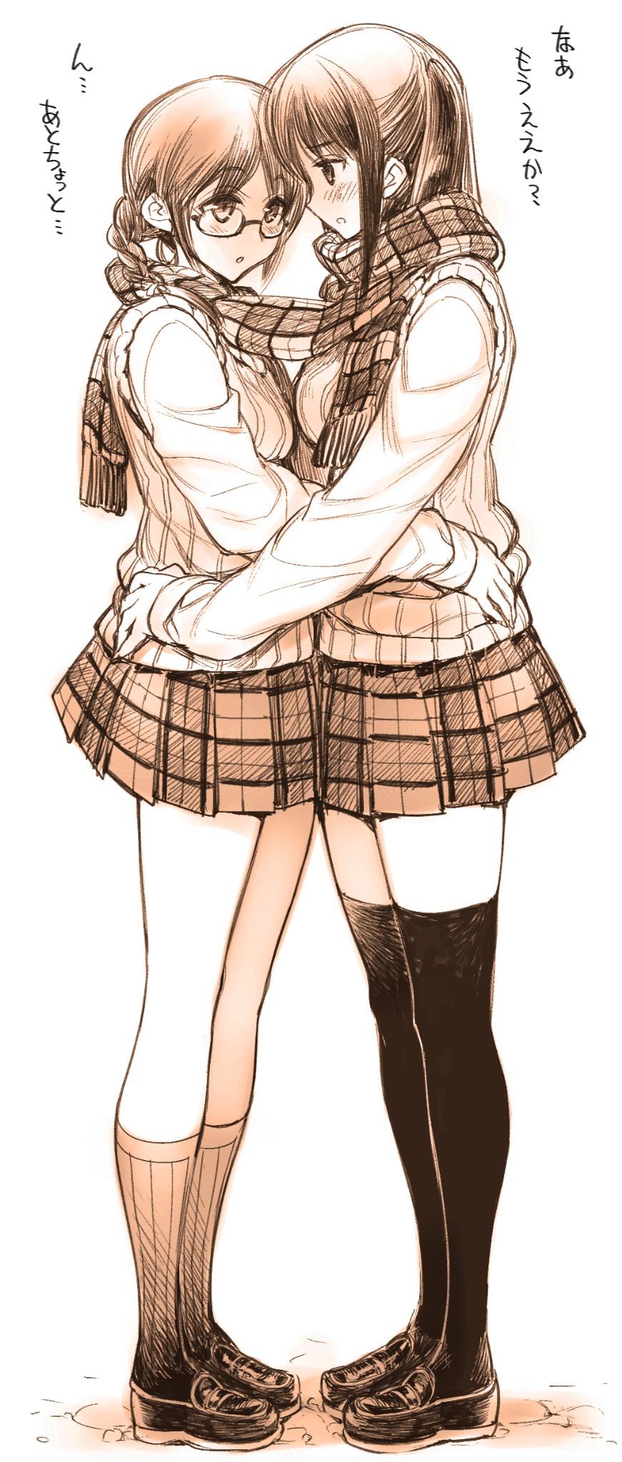 2girls beige black_hair blush braid commentary_request full_body glasses hand_on_another's_hip highres hiyohiyo kneehighs loafers long_hair long_sleeves miniskirt monochrome multiple_girls plaid plaid_scarf plaid_skirt pleated_skirt scarf school_uniform shared_scarf shoes short_hair simple_background skirt standing striped striped_legwear sweater_vest thigh-highs translation_request vertical-striped_legwear vertical_stripes white_background winter_clothes winter_uniform yuri zettai_ryouiki