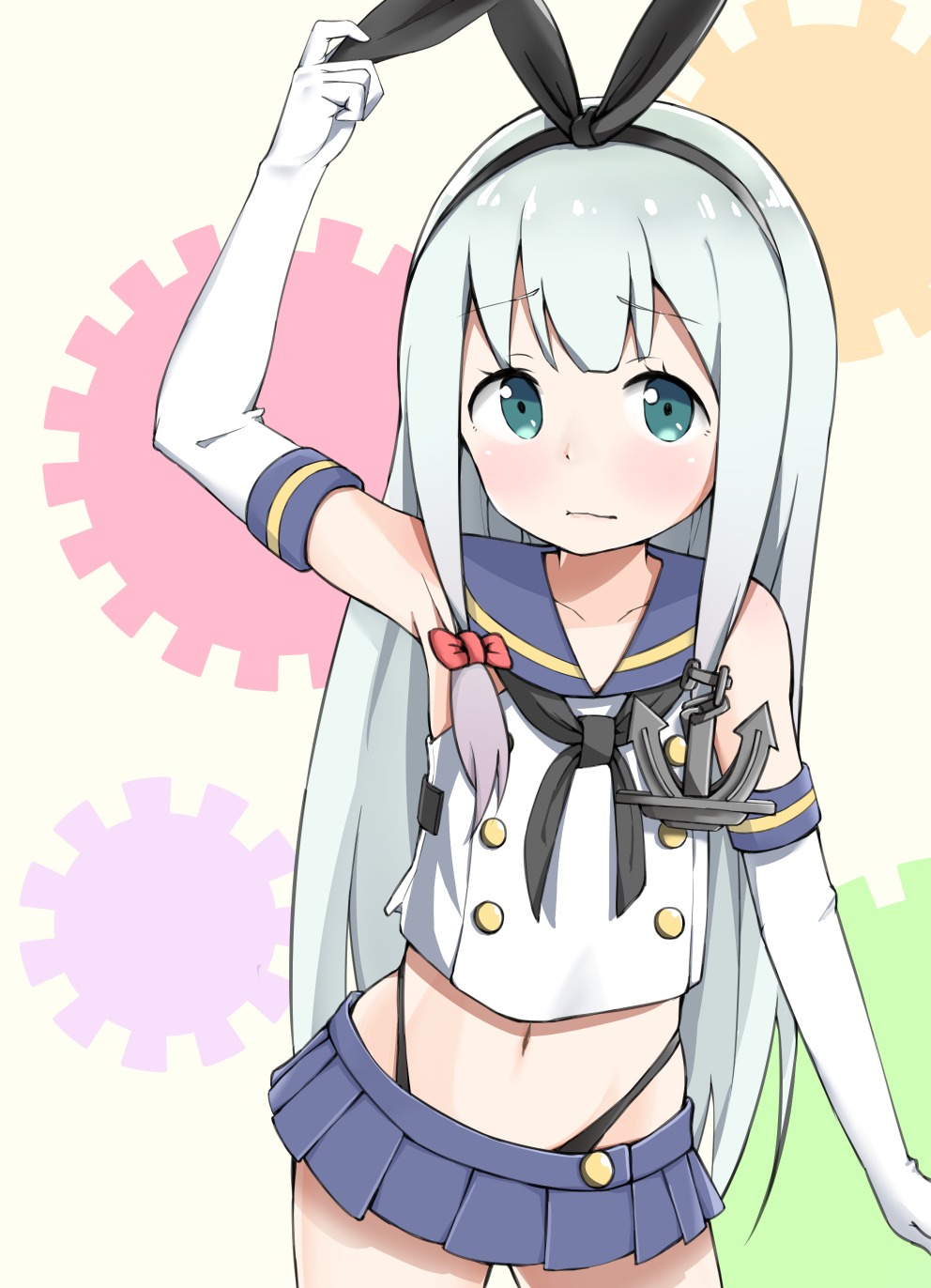 1girl :/ anchor_hair_ornament aqua_eyes black_ribbon blue_hair blush bow closed_mouth collarbone cosplay crop_top elbow_gloves ero_manga_sensei eyebrows_visible_through_hair gears gloves hair_bow hair_ornament hair_ribbon highres izumi_sagiri kantai_collection long_hair looking_at_viewer microskirt midriff navel pleated_skirt racchi. red_bow ribbon sailor_collar shimakaze_(kantai_collection) shimakaze_(kantai_collection)_(cosplay) shirt silhouette skirt sleeveless sleeveless_shirt solo very_long_hair white_background white_gloves white_shirt