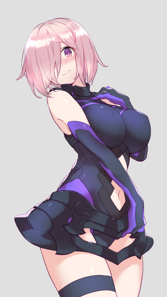 1girl 3: bangs bare_shoulders black_gloves black_legwear black_leotard blush breasts closed_mouth cowboy_shot elbow_gloves erect_nipples erect_nipples_under_clothes eyebrows_visible_through_hair fate/grand_order fate_(series) gloves grey_background hair_over_one_eye hand_on_own_chest hand_up impossible_clothes inuchazuke large_breasts lavender_hair leotard looking_at_viewer navel navel_cutout pink_hair purple_gloves shielder_(fate/grand_order) short_hair simple_background solo standing thigh-highs thighs violet_eyes