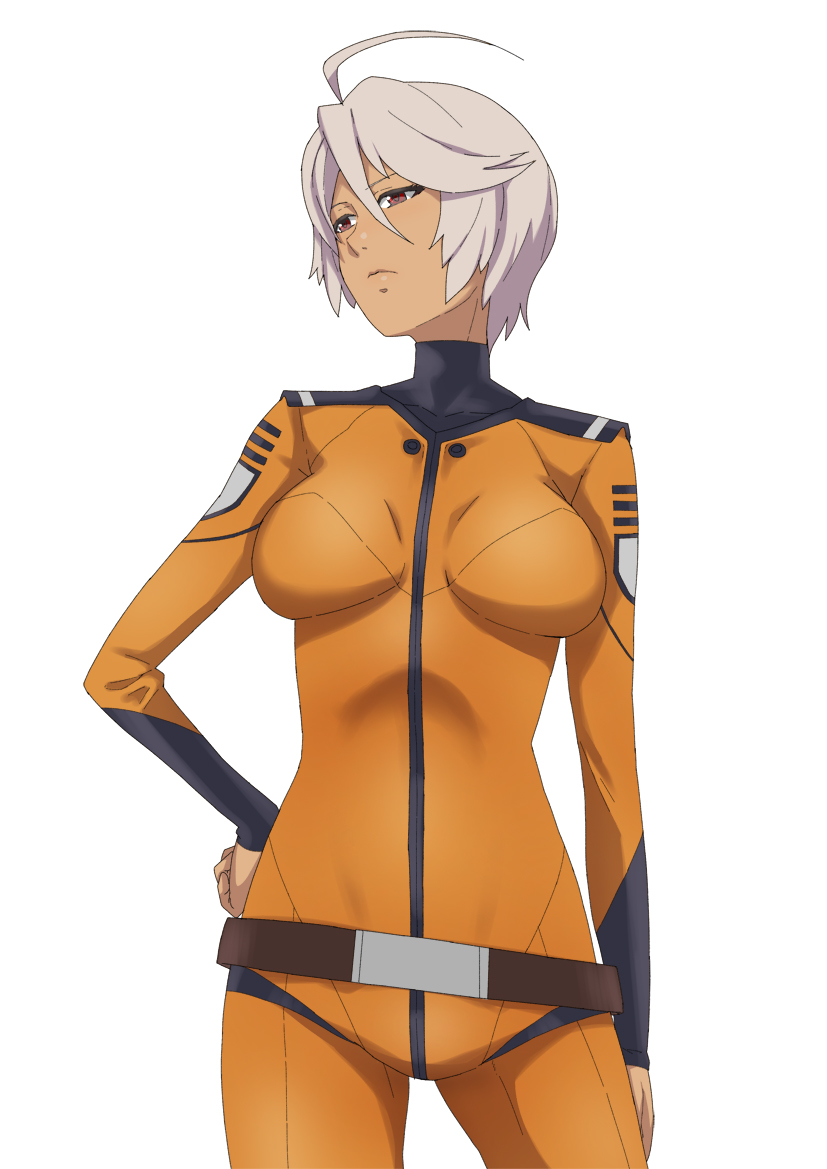 1girl ahoge arm_at_side bangs belt beltskirt bodysuit breasts breasts_apart clenched_hand commentary_request cowboy_shot dark_skin expressionless frown hair_between_eyes halterneck hand_on_hip jack_hamster legs_apart looking_to_the_side medium_breasts military military_uniform orange_bodysuit red_eyes short_hair silver_hair simple_background skin_tight solo standing tan turtleneck uchuu_senkan_yamato uchuu_senkan_yamato_2199 uniform white_background yamamoto_akira