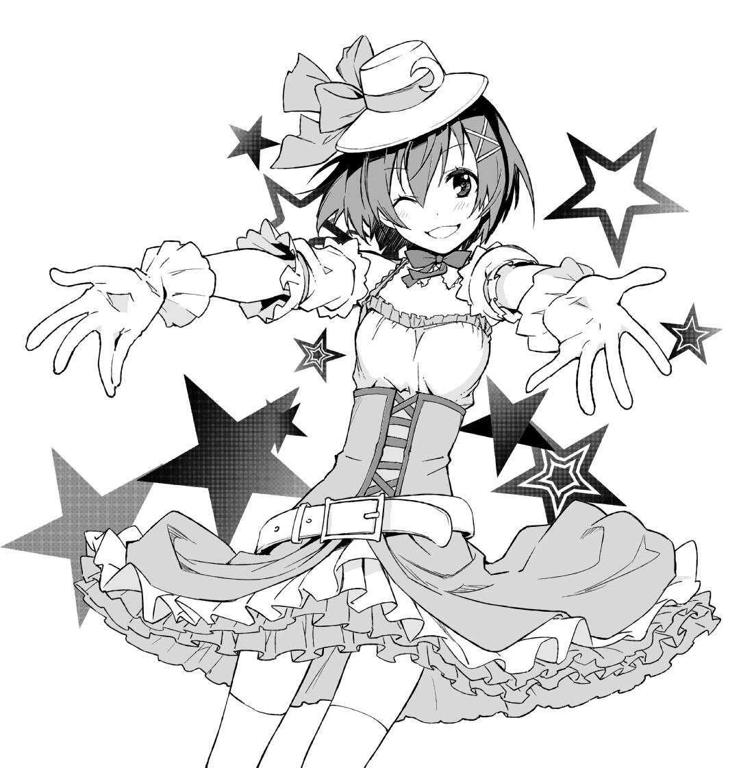 1girl belt bow bowtie crescent dancing_stars_on_me! detached_collar dress frilled_dress frilled_gloves frills gloves greyscale grin hat hat_ribbon high-waist_skirt hoshizora_rin looking_at_viewer love_live! love_live!_school_idol_project monochrome one_eye_closed outstretched_arms ribbon short_hair skirt smile solo star thigh-highs ushiki_yoshitaka