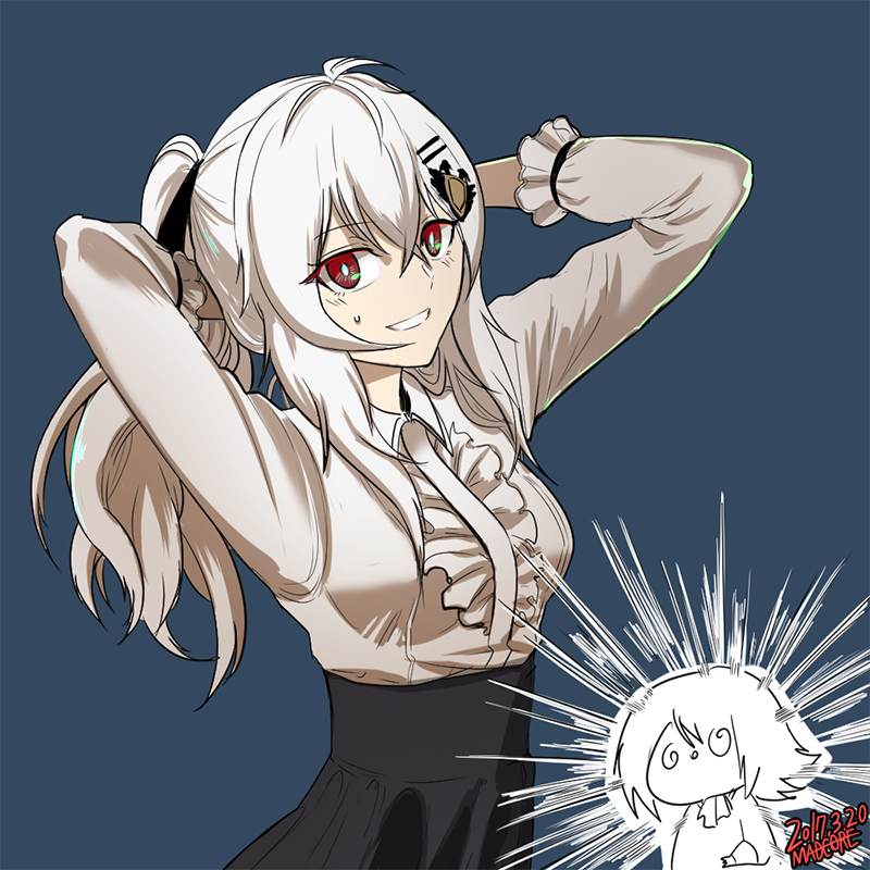 1girl artist_name artist_self-insert dated eyebrows eyebrows_visible_through_hair girls_frontline hair_between_eyes hair_ornament hairclip iws-2000_(girls_frontline) long_hair looking_at_viewer madcore meme_attire ponytail pose red_eyes silver_hair smile solo virgin_killer_outfit