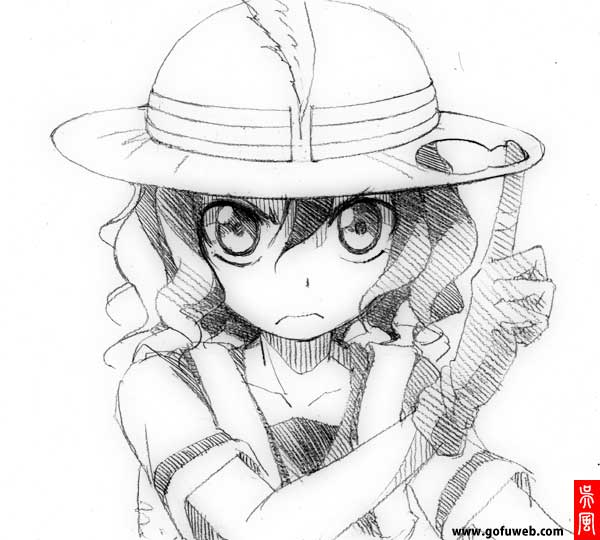 &gt;:( 1girl arm_up artist_name backpack bag bangs bucket_hat closed_mouth collarbone commentary_request determined feathers gloves gofu gunxsword hair_between_eyes hand_up hat hat_feather hole index_finger_raised kaban kemono_friends looking_at_viewer parody serious shirt short_hair short_sleeves signature simple_background sketch solo traditional_media upper_body watermark wavy_hair web_address white_background