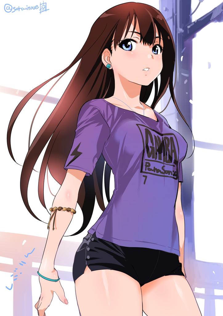 1girl blue_eyes bracelet brown_hair casual clothes_writing cowboy_shot earrings idolmaster idolmaster_cinderella_girls inoue_sora jewelry long_hair nail_polish necklace parted_lips shibuya_rin shirt short_shorts shorts solo standing t-shirt twitter_username wristband