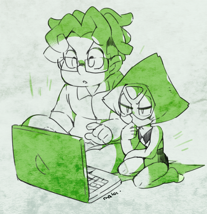 1boy 1girl bodysuit computer curly_hair forehead_jewel gem glasses grey_background hairlocs laptop maru_show monochrome peridot_(steven_universe) ronaldo_fryman short_hair simple_background steven_universe visor