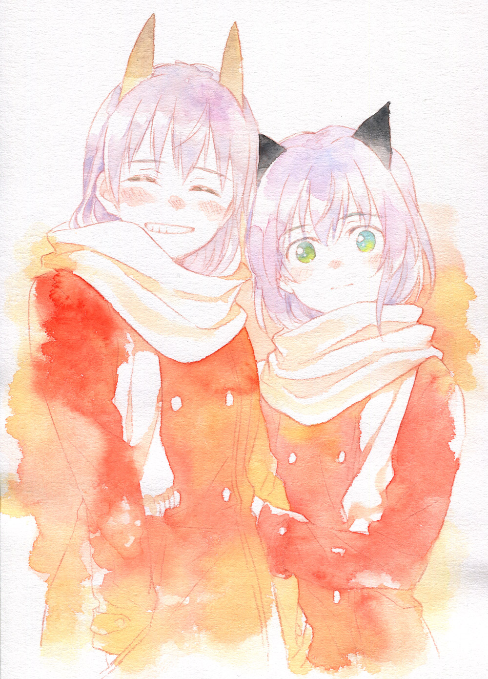 2girls agahari animal_ears aqua_eyes arm_hug blush cat_ears closed_eyes dog_ears eila_ilmatar_juutilainen grin highres jacket looking_at_viewer multiple_girls purple_hair sanya_v_litvyak scarf short_hair smile strike_witches traditional_media watercolor_(medium) world_witches_series