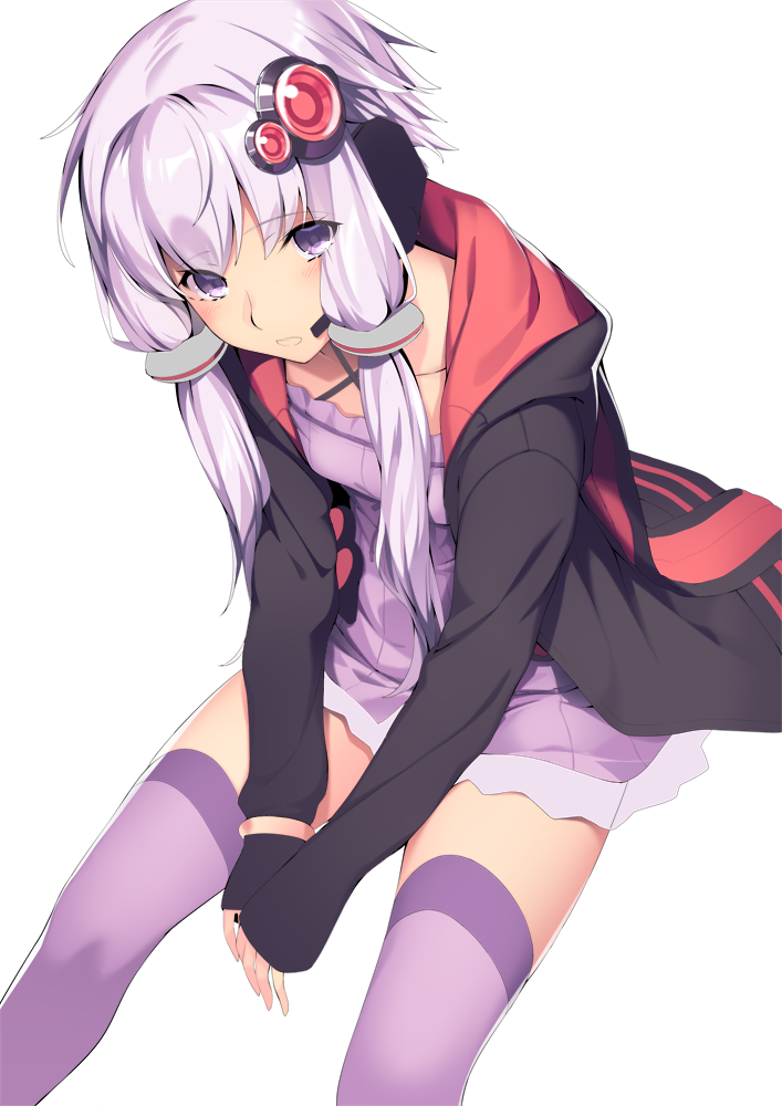 1girl bangs between_legs blush breasts criss-cross_halter eyebrows_visible_through_hair hair_ornament halter_top halterneck hand_between_legs hood hoodie long_hair looking_at_viewer low_twintails open_clothes open_hoodie open_mouth own_hands_together purple_legwear shoken_narai simple_background sitting sleeves_past_wrists small_breasts solo thigh-highs twintails vocaloid voiceroid white_background work_in_progress yuzuki_yukari zettai_ryouiki