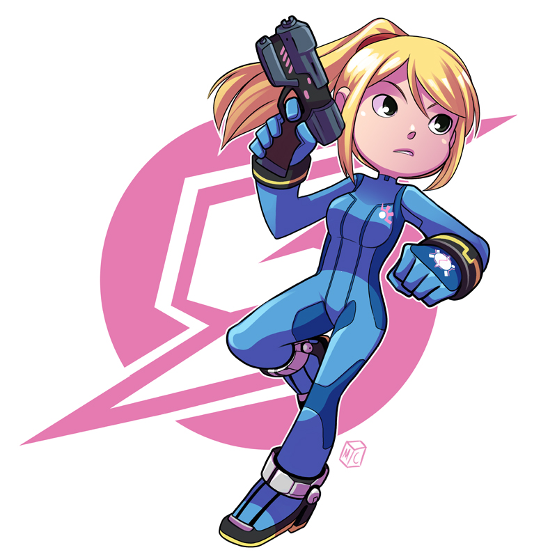 1girl black_eyes blonde_hair bodysuit clenched_hand finger_on_trigger full_body gun mary_cagle metroid ponytail samus_aran sidelocks signature solo weapon zero_suit